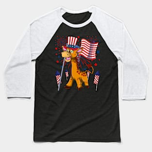 Cute Africa Animal Giraffe Lover USA Flag Patriotic 4th Of July Baseball T-Shirt